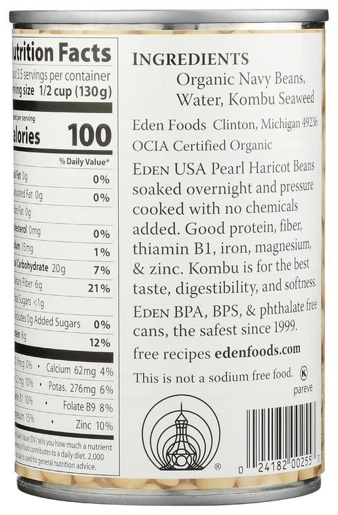15 oz Eden Organic Navy Beans, Can, Dry, Organic, Pearl Haricot, Yankee Bean, Boston Bean, Non-GMO