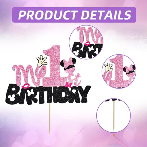 BEISHIDA Girls Cake Topper Mouse, Birthday Party Decorations, My 1st Birthday Pink and Black Mouse Party Supplies