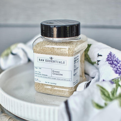 9 Raw Essentials Honey Granules Natural Sweetness for Oatmeal, Yogurt, Beverages, and Desserts Non-GMO and Gluten-Free
