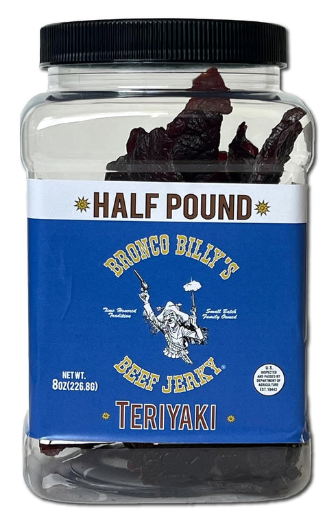 8oz Bronco Billy's Beef Jerky Teriyaki Half Pound Jar - - New Jar Design