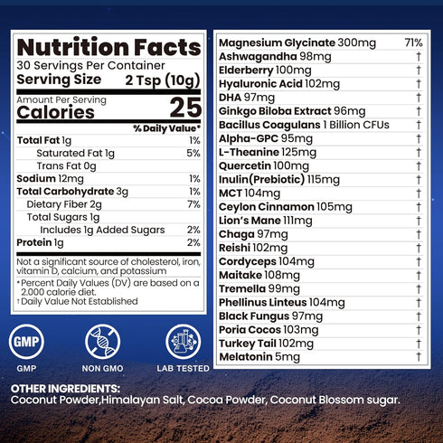 10 5mg 10.58 OZ Magnesium Hot Cocoa for Sleep, Superfood Cocoa Powder, Mushroom Blend with Magnesium Glycinate