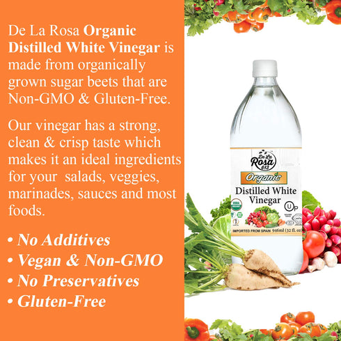 32 Oz (Pack 1) De La Rosa Organic Distilled White Vinegar, Raw & Unfiltered, Kosher for Passover, Vegan & Gluten Free