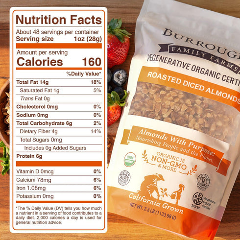 2.5lb Burroughs Family Farms USDA Organic Roasted and Diced Almonds First Regenerative Organic Certified Farm Unsalted