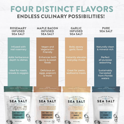 Set 4 Florida Pure Sea Salt Gift - Flavors Bundle with Garlic, Rosemary, Maple Bacon & Pure | Hand-Harvested
