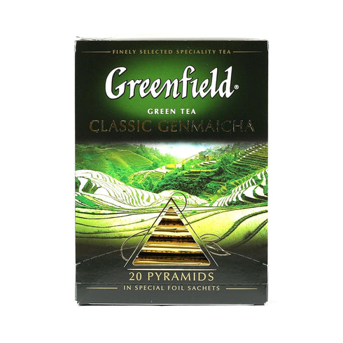 Greenfield Classic Genmaicha Pyramid Collection, 20 Pyramids in Special Foil Sachets, Specialty Green Tea