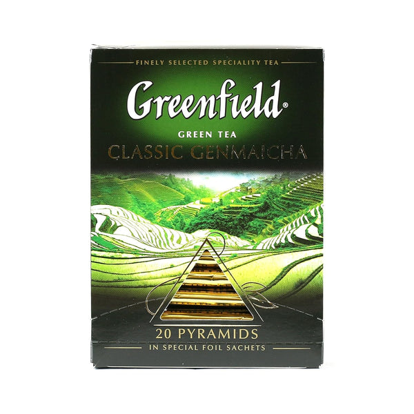 Greenfield Classic Genmaicha Pyramid Collection, 20 Pyramids in Special Foil Sachets, Specialty Green Tea