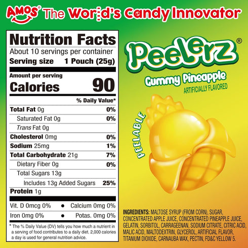 Gummy 8.47oz 10 Packs Gummy AMOS Peelerz Pineapple Candy, Peelable Fruit-Shaped Candy, Box with Individual Fun Peeling