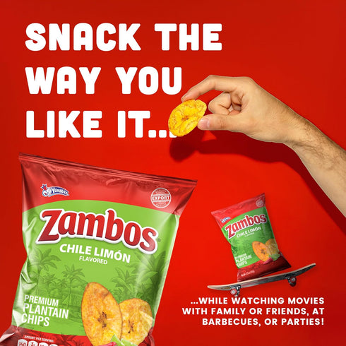 5.3 oz (Pack 12) Zambos Chile Limn Plantain Chips, Crunchy Snack, Gluten Free Bold Chili Lime Flavor