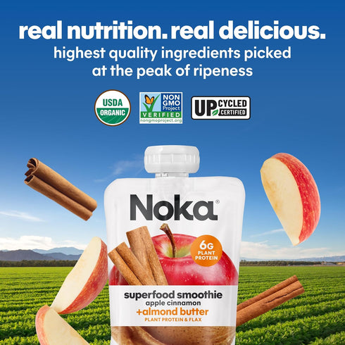 4.22 oz (Pack 12) Noka Superfood Fruit Smoothie Pouches, Organic Applesauce Pouches with Apple, Cinnamon & Almond