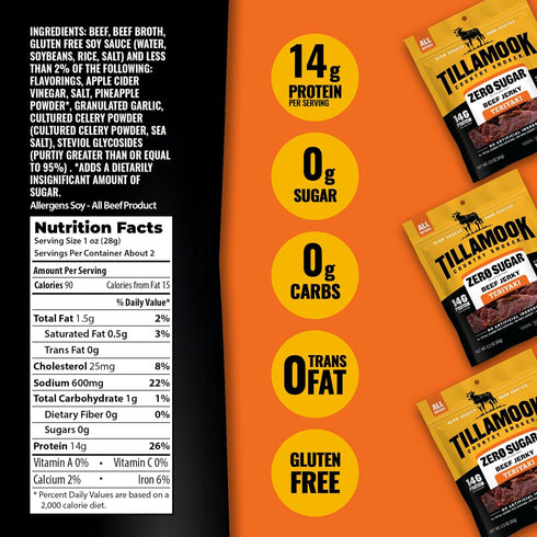 Country 6 2.2 14g Tillamook Smoker Zero Suagr Beef Jerky - Original, Teriyaki, Black Pepper, x Ounce Each, Slow-Smoked