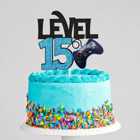 Level 15 Game Birthday Cake Topper - Video Game Boy's 15th Birthday Level Up Party Supplies - Blue Gaming Party
