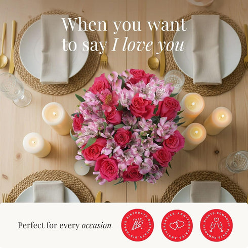 BloomsyBox Forever Blooming Bouquet Fresh Hot pink Roses & Light pink Alstroemeria (Glass Vase Included) Fresh Flowers