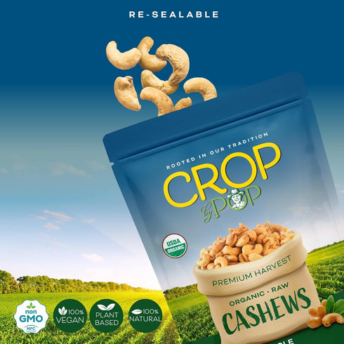 (16 Oz 1 LB) Packed CROP BY POP - Organic Raw Whole Cashews, Unsalted, Shelled, - Fresh in Resealable Bag - USDA