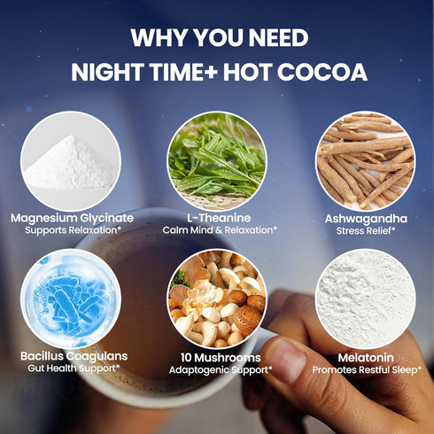 10 5mg 10.58 OZ Magnesium Hot Cocoa for Sleep, Superfood Cocoa Powder, Mushroom Blend with Magnesium Glycinate