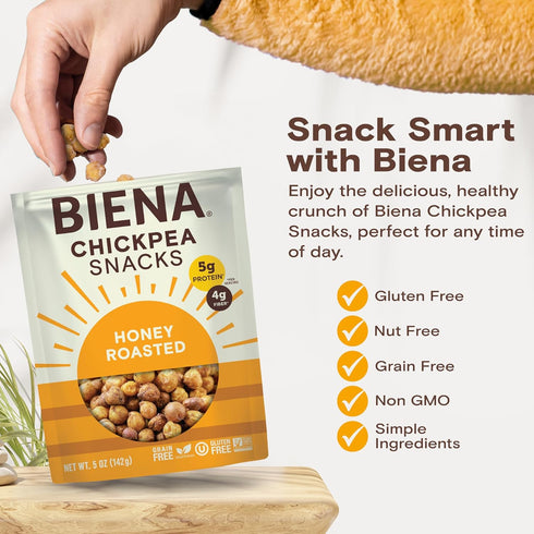 8-Pack, 5 BIENA Chickpea Snacks - Crunchy Roasted Chickpeas - High Fiber Protein Snacks for Adults and Kids - Ounce