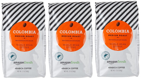 Amazon Fresh 12 (Pack 3) Colombia Whole Bean Coffee, Medium Roast, Ounce