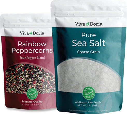 Viva Doria Rainbow Peppercorns Blend, 12 Oz and Pure Sea Salt, Coarse