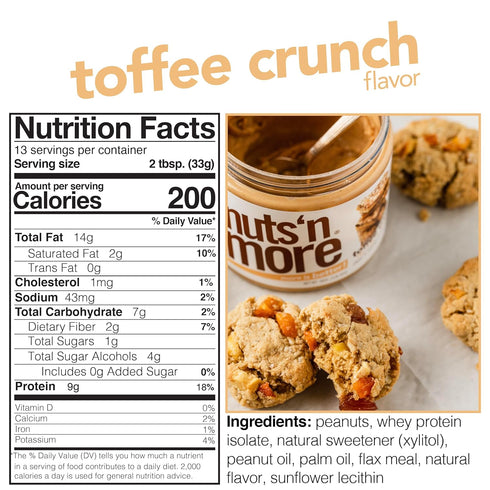(15oz Nuts N More Toffee Crunch Peanut Butter Spread - High Protein, Low Carb, Low Sugar, Gluten Free, Non-GMO