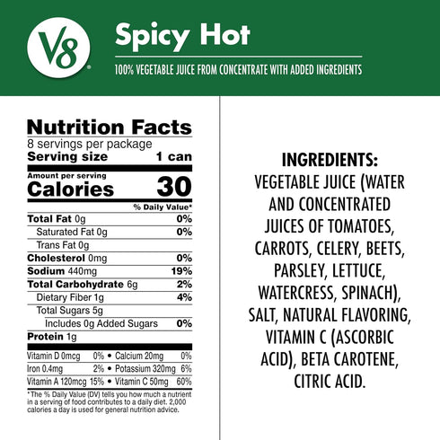 V8 100% 5.5 oz (6 Packs 8 Spicy Hot Vegetable Juice, fl Can of Cans)