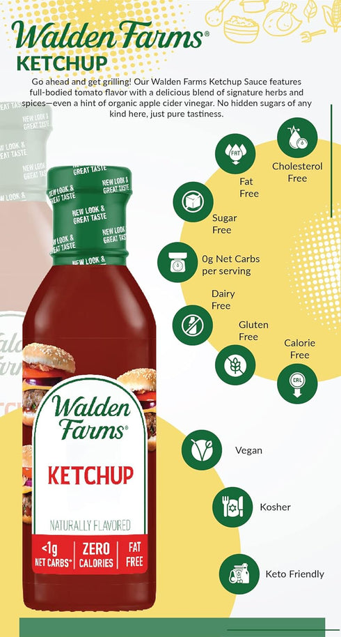 2-Pack, 12 oz Walden Farms Ketchup Zero Calorie, Sugar Free, Keto & No Carb Classic Tomato Condiment for Burgers, Fries