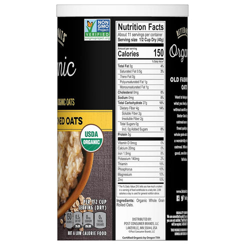 Better Oats 16 OZ Organic Old Fashioned Oats, Organic Rolled Oats for Overnight Oats, Hot Cereal, and Other Homemade