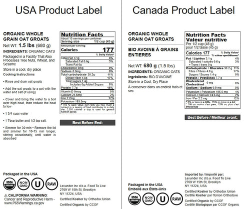 1.5 100% Food to Live Organic Oat Groats, Pounds Whole Grain, Non-GMO Seeds, Kosher, Raw, Non-Irradiated, Vegan, Bulk