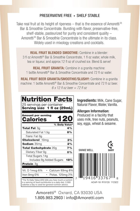 750 ml, Amoretti - Ice Cream, Bar & Smoothie Concentrate Perfect for flavoring Cocktails, Margaritas, Alcoholic