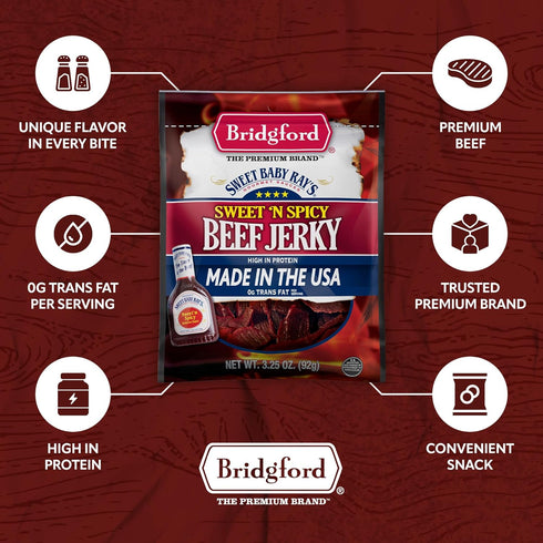 10 oz Pack 2 Bridgford Sweet Baby Ray's Beef Jerky Sweet N Spicy of - High Protein Sweetened Spicy Beef Jerky for Your
