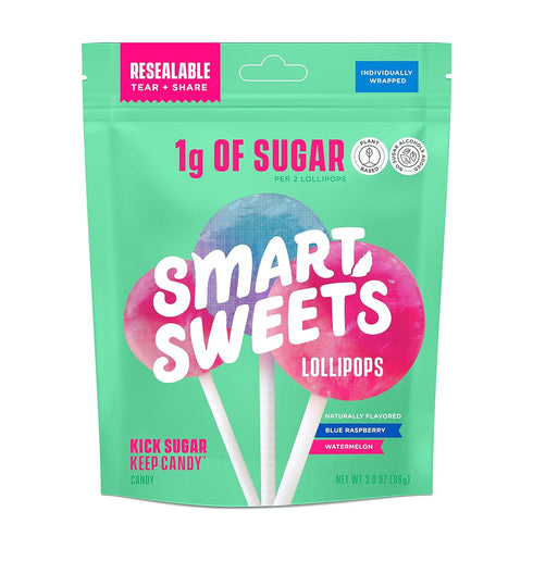 SmartSweets Lollipops - 3oz, Blue Raspberry & Watermelon Flavors, Low Sugar Hard Candy