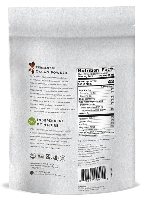 2-Pack 16 Oz, 1 lb Wildly Organic Fermented Cacao Powder Bags - Organic, Non-Alkalized, High in Antioxidants, Raw