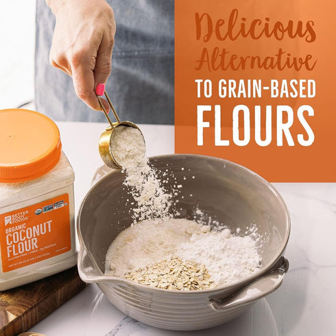 2 23% BetterBody Foods Organic Coconut Flour Pound Jar, Gluten-Free White Flour Alternative with a Slight Coconut Taste