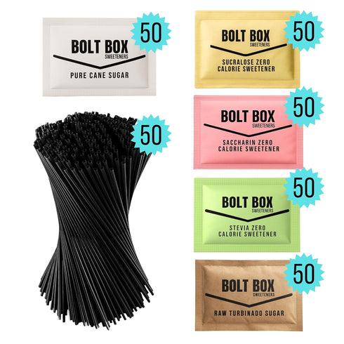 Bolt Box (300 50 Packets Pack total, each) Sugar & Sugar Substitute Assorted Variety (Turbinado, Cane, Pink Saccharin