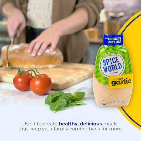 Spice World Squeezable Organic Minced Garlic, 20oz Garlic Container, USDA Certified Organic