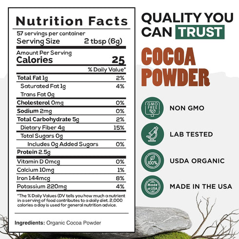 100% 12 oz Wild Foods Organic Cocoa Powder Unsweetened for Baking & Cooking, Raw Cacao Powder, Organic Single-Origin