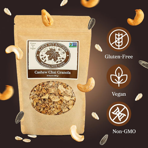 10 oz Maple Nut Kitchen Gluten Free Chai Granola with Cashews Certified Gluten Free Oats, Shredded Coconut, Sunflower