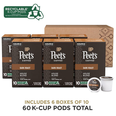 100% 60 Count (6 10 Peet's Coffee, Dark Roast Keurig K-Cup Pods, Arabica Coffee - House Blend Boxes of K-Cup Pods)