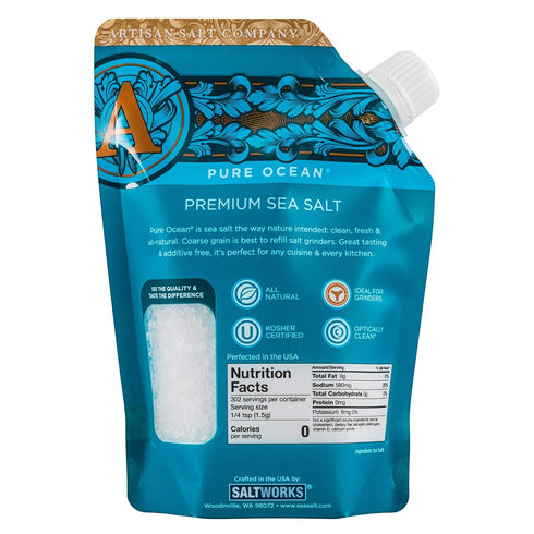 16 SaltWorks Premium Sea Salt, Coarse, Artisan Pour Spout Pouch, Pure Ocean, Ounce