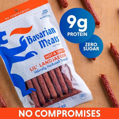 10 Bavarian Meats Hot & Spicy Lil' Landjaeger Meat Sticks, Smoked Sausage Protein Snacks, Zero Sugar, Great Source