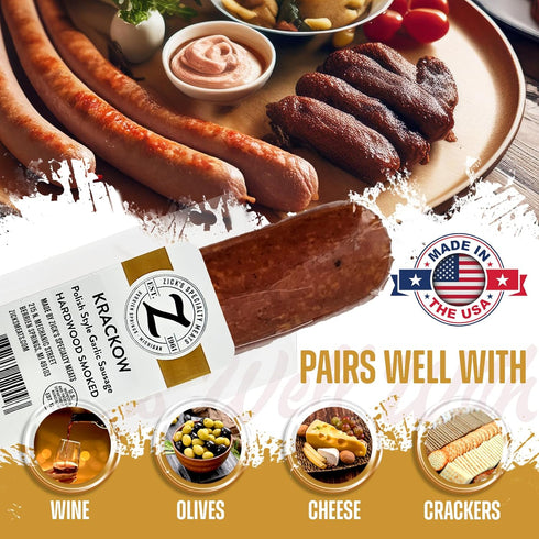 (10 oz) Zick's Krackow Smoked Sausages | Savory Garlic Polish Sausage, Pork & Beef Sausages, Dried Meat Snacks for Any