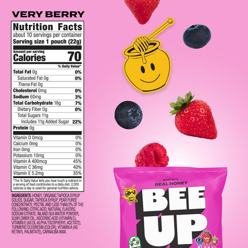 Packs (Pack 10) BEEUP Honey Fruit Snacks With a Teaspoon of Honey in Every Pouch Dye Free, No Corn Syrup Individually