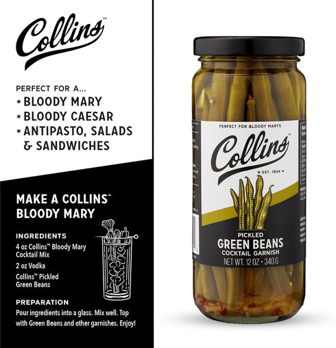 12oz Collins Gourmet Pickled Green Beans for Cocktails - Spicy Crunchy Green Beans - Premium Condiment Garnish