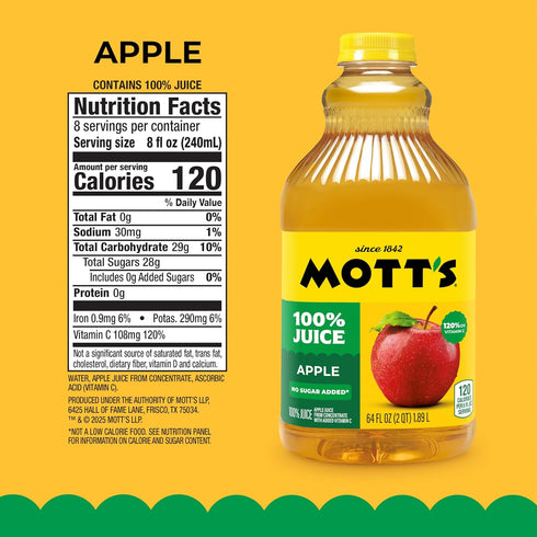 100% 64 Oz (Pack 8), 2 100% Mott's Original Apple Juice, Fl Bottle Of Servings Of Fruit Per Cup, Fruit Juice