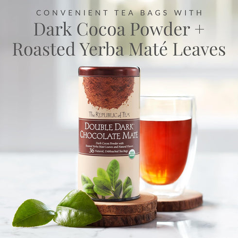 36 The Republic of Tea Organic Double Dark Chocolate Mat, Naturally Caffeinated Yerba Mat, Steeps Cups