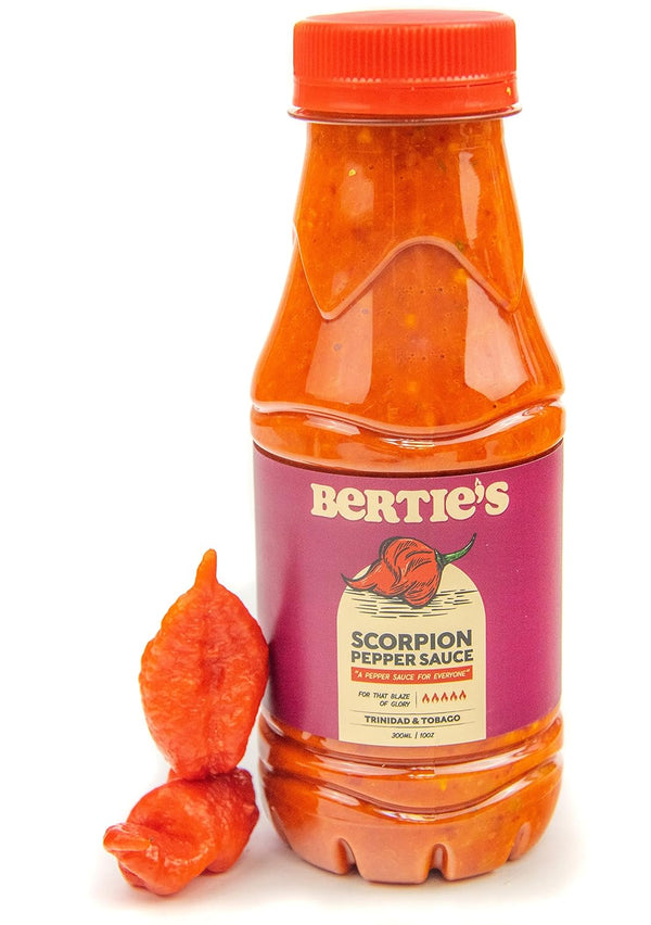 Bertie's Trinidad Scorpion Pepper Sauce, 10 Oz/300ml, Strong Flavor and Insane Heat