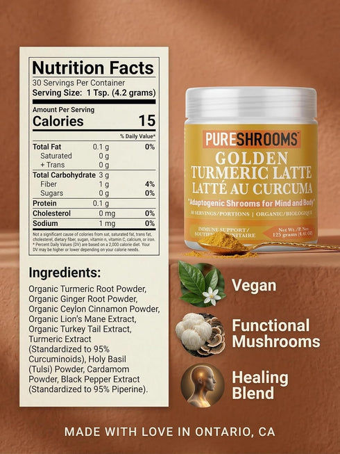 30 (30 125 Organic Turmeric Latte Golden Milk Servings - Organic Lion's Mane, Turkey Tail Mushroom Extracts, Cinnamon