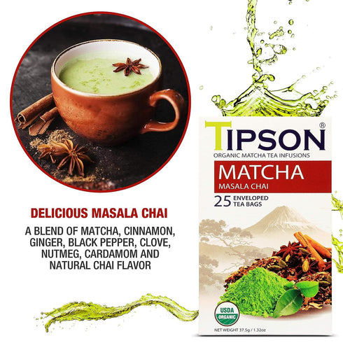 Tipson Organic Matcha Green Tea - Masala Chai Flavor, 25 Foil Enveloped Double Chambered Bags - Keto/Paleo