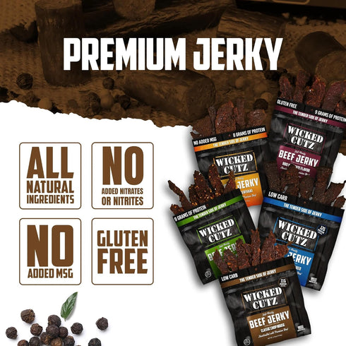 Pack 5 36g (5 Wicked Cutz Beef Jerky Variety | Flavors Up to Protein Per Bag | Tender, Easy to Chew, USA Made, High