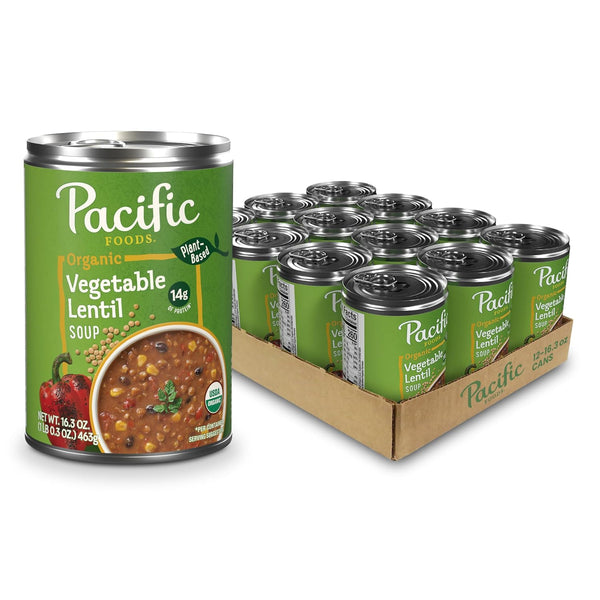 Pacific Foods Organic Vegetable Lentil Soup, Plant Based, 16.3 oz Can (Case