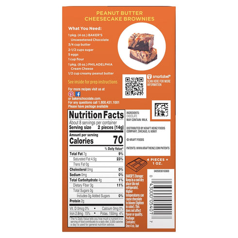 by Baker's 100 (4 oz Baker's Unsweetened Chocolate Premium Baking Bar with % Cacao Box)