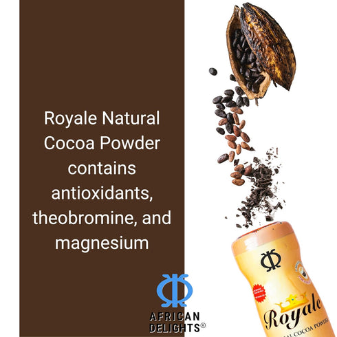 African Delights Royale Natural Cocoa Powder for Baking Black, Dark, Ceremonial Cacao, Sugar Free, Raw Powder, High